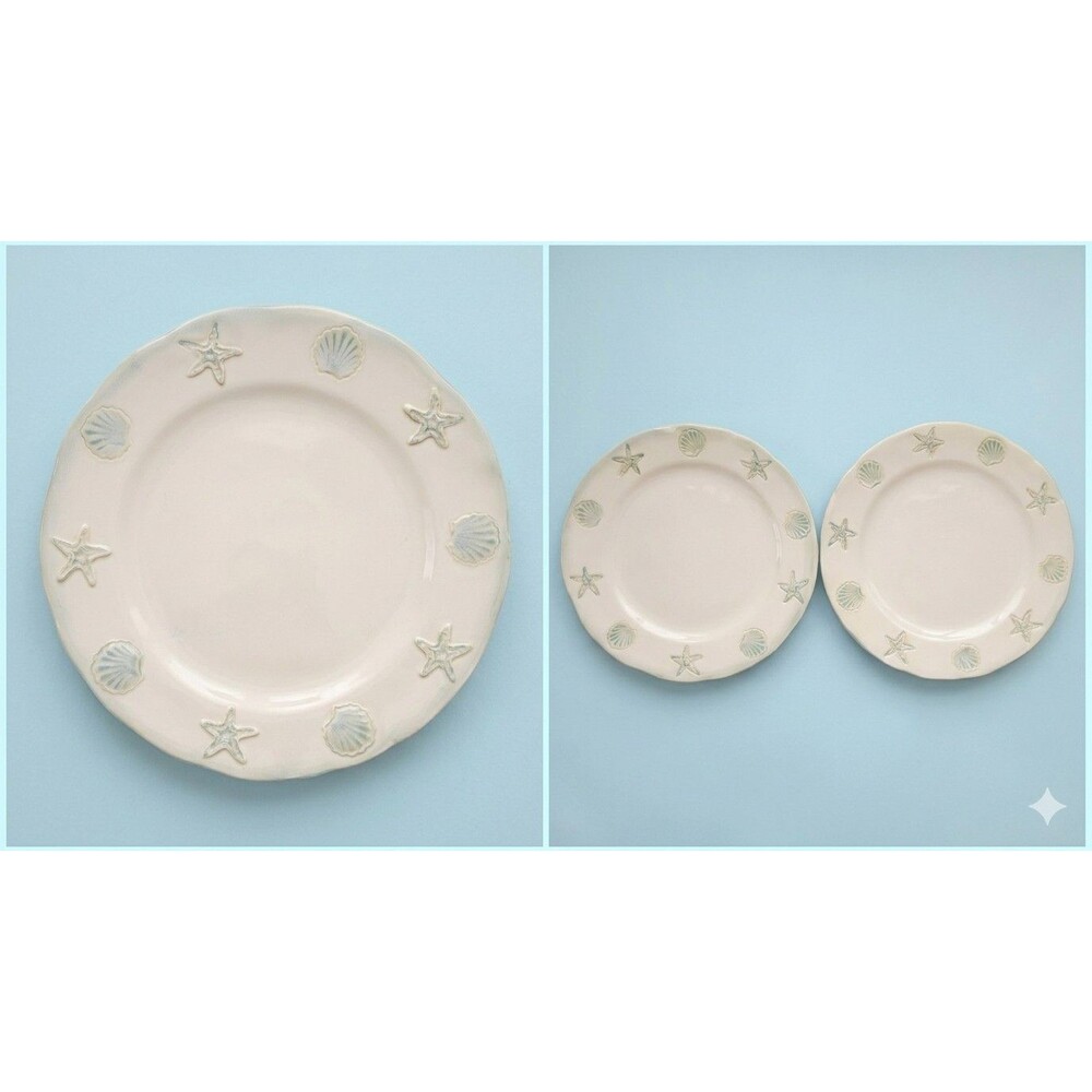 4 Home Studio SHORELINE Dinner Plates Set 11" Round Ocean Blue Aqua Sea Shells
